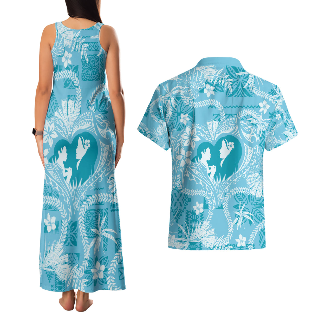 Hawaii Plumeria Couples Matching Tank Maxi Dress and Hawaiian Shirt Hau'oli la Makuahine Turquoise LT7 - Polynesian Pride