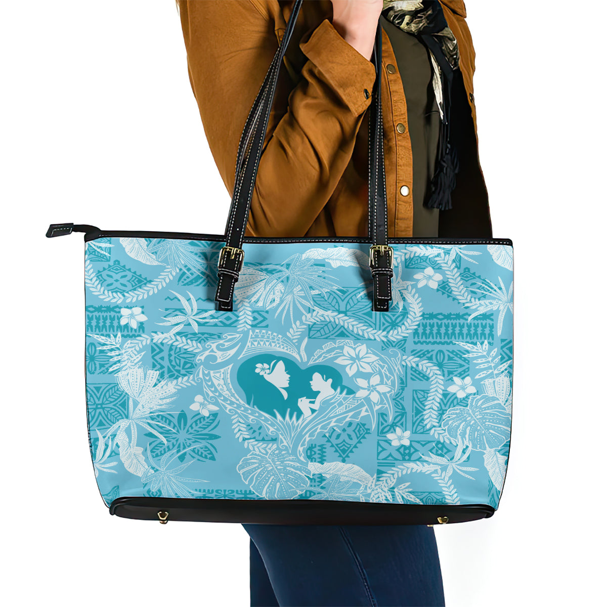 Hawaii Plumeria Leather Tote Bag Hau'oli la Makuahine Turquoise LT7 - Polynesian Pride