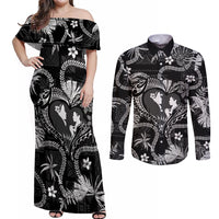 Hawaii Plumeria Couples Matching Off Shoulder Maxi Dress and Long Sleeve Button Shirt Hau'oli la Makuahine Monochrome LT7 Black - Polynesian Pride