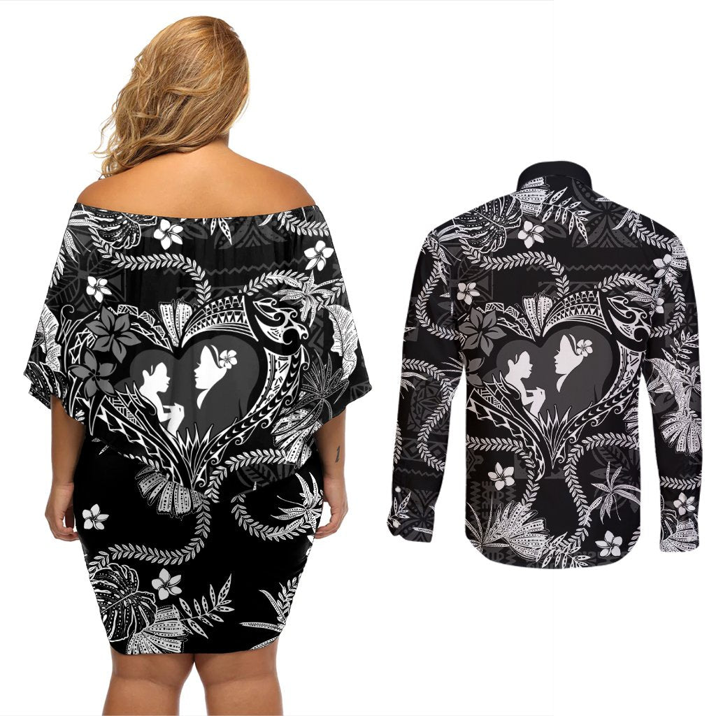 Hawaii Plumeria Couples Matching Off Shoulder Short Dress and Long Sleeve Button Shirt Hau'oli la Makuahine Monochrome LT7 - Polynesian Pride