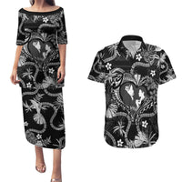 Hawaii Plumeria Couples Matching Puletasi and Hawaiian Shirt Hau'oli la Makuahine Monochrome LT7 Black - Polynesian Pride