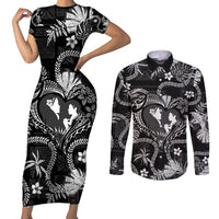 Hawaii Plumeria Couples Matching Short Sleeve Bodycon Dress and Long Sleeve Button Shirt Hau'oli la Makuahine Monochrome LT7 Black - Polynesian Pride