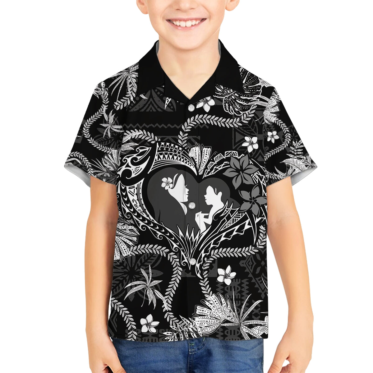 Hawaii Plumeria Family Matching Off Shoulder Maxi Dress and Hawaiian Shirt Hau'oli la Makuahine Monochrome LT7 Son's Shirt Black - Polynesian Pride