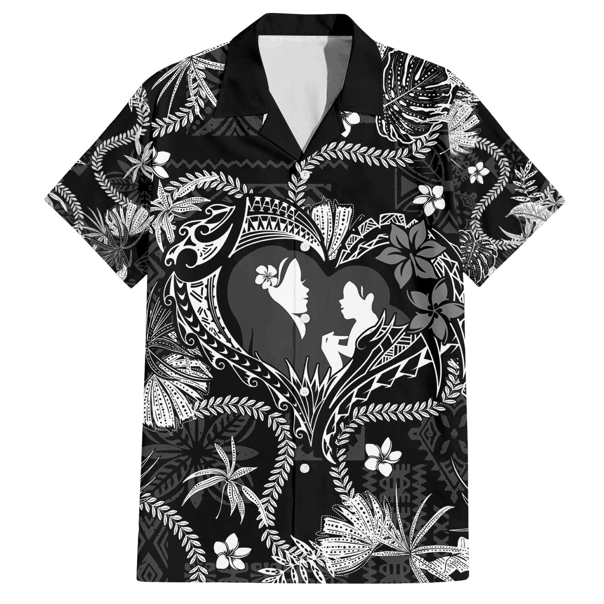 Hawaii Plumeria Family Matching Off Shoulder Short Dress and Hawaiian Shirt Hau'oli la Makuahine Monochrome LT7 Dad's Shirt - Short Sleeve Black - Polynesian Pride