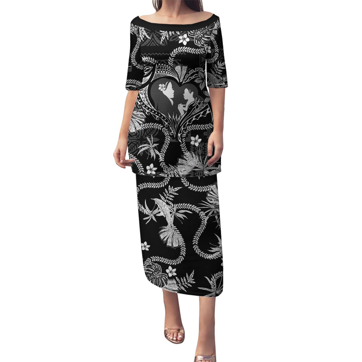 Hawaii Plumeria Family Matching Puletasi and Hawaiian Shirt Hau'oli la Makuahine Monochrome LT7 Mom's Dress Black - Polynesian Pride