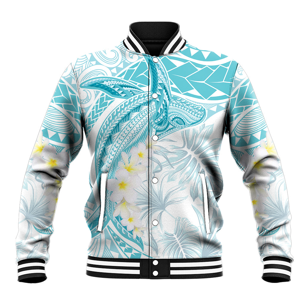 Polynesia Humpback Whale Baseball Jacket Tropical Plumeria Turquoise