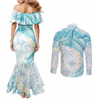 Polynesia Humpback Whale Couples Matching Mermaid Dress and Long Sleeve Button Shirt Tropical Plumeria Turquoise