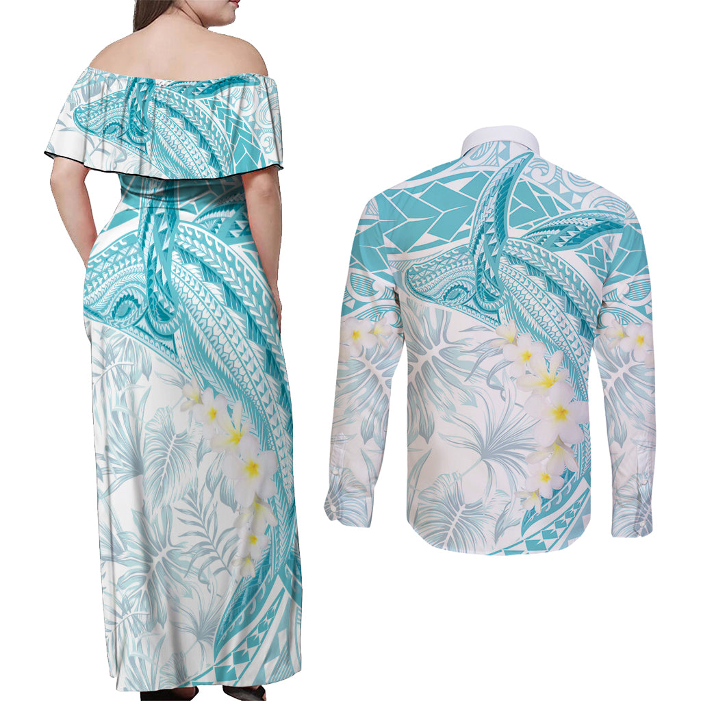 Polynesia Humpback Whale Couples Matching Off Shoulder Maxi Dress and Long Sleeve Button Shirt Tropical Plumeria Turquoise