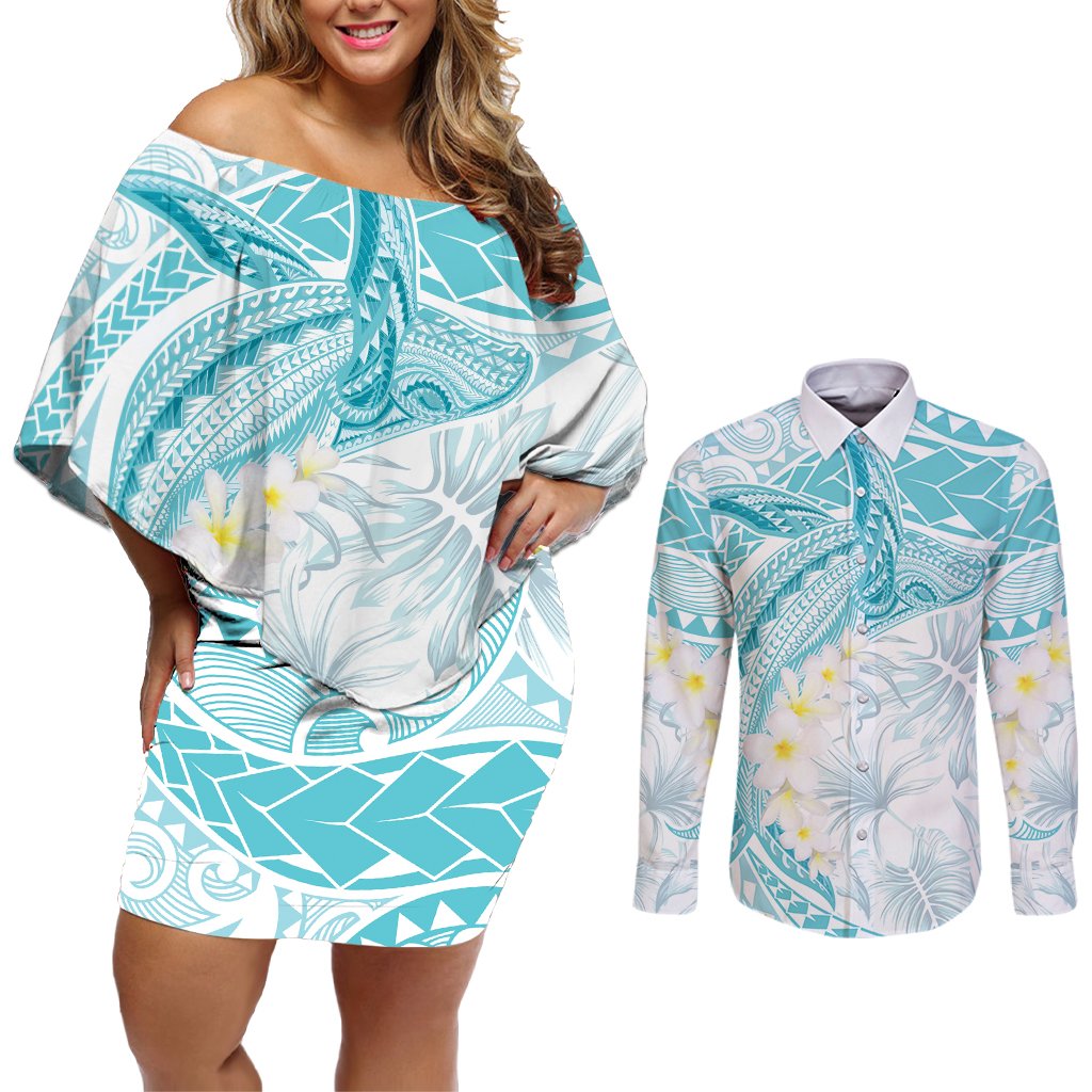 Polynesia Humpback Whale Couples Matching Off Shoulder Short Dress and Long Sleeve Button Shirt Tropical Plumeria Turquoise