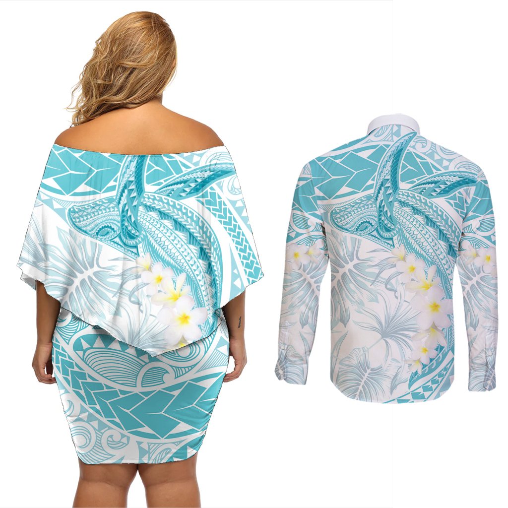 Polynesia Humpback Whale Couples Matching Off Shoulder Short Dress and Long Sleeve Button Shirt Tropical Plumeria Turquoise