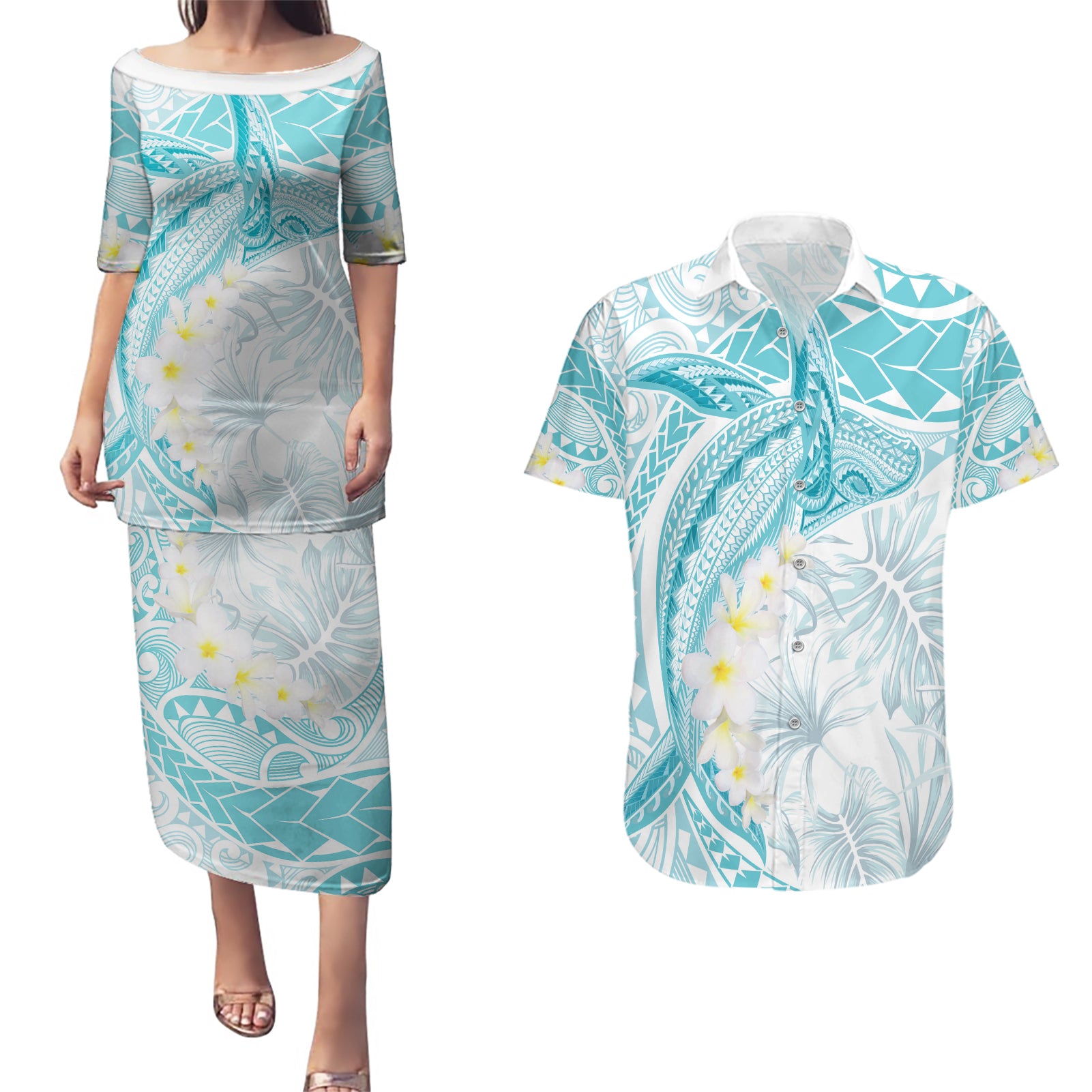 Polynesia Humpback Whale Couples Matching Puletasi and Hawaiian Shirt Tropical Plumeria Turquoise