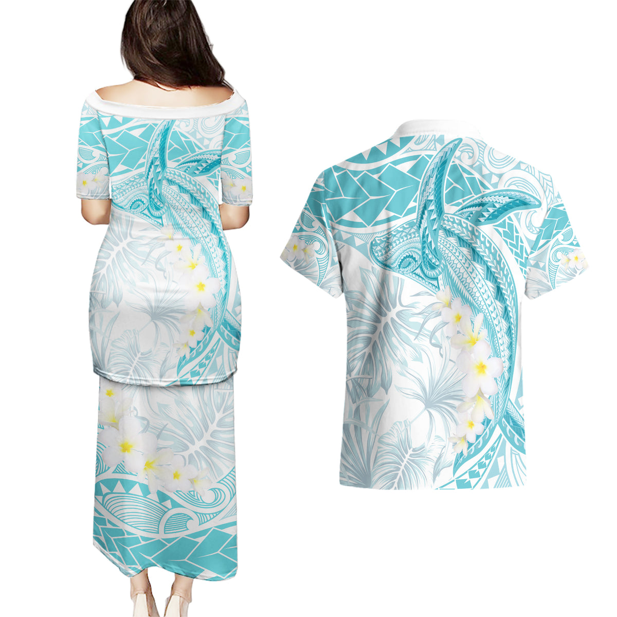 Polynesia Humpback Whale Couples Matching Puletasi and Hawaiian Shirt Tropical Plumeria Turquoise