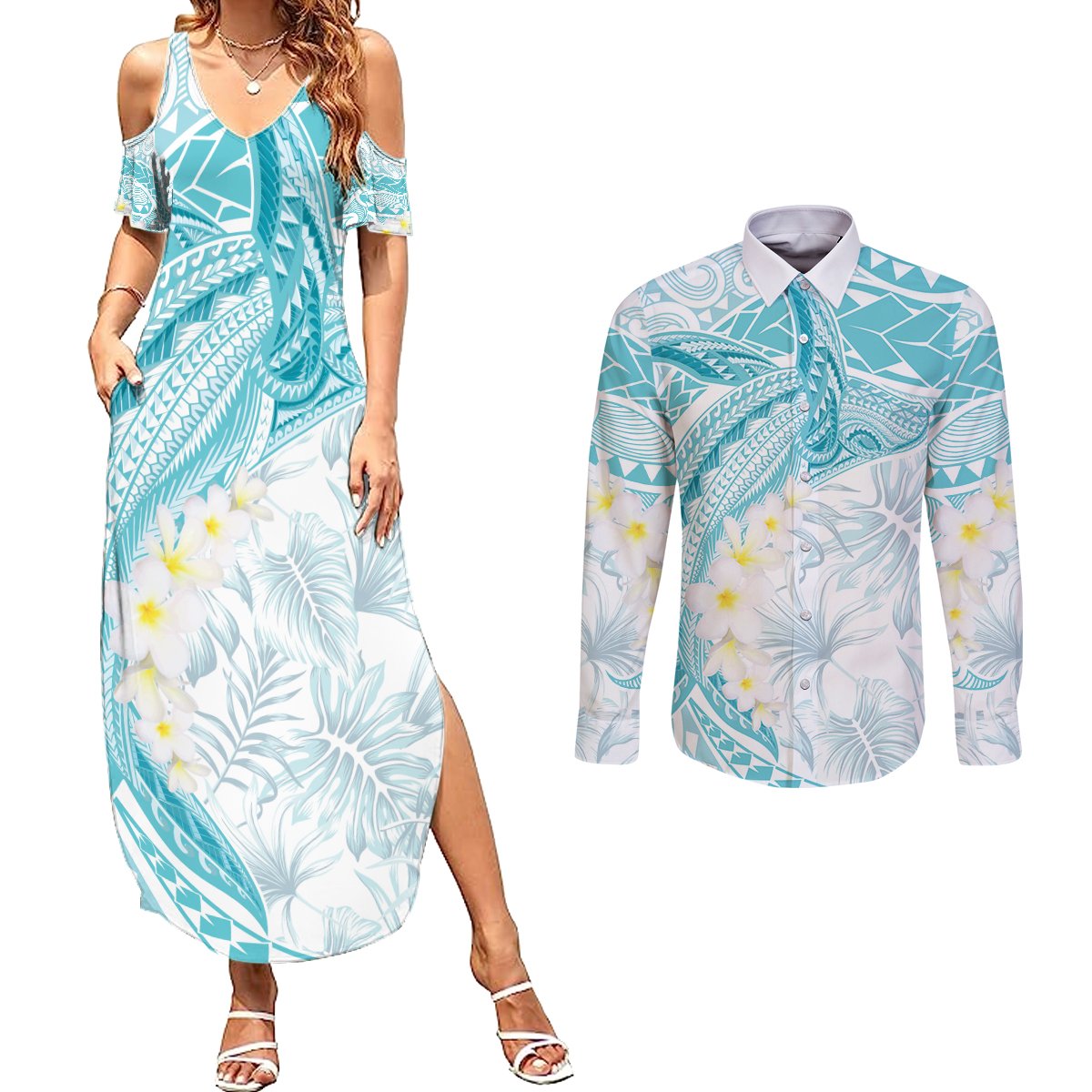 Polynesia Humpback Whale Couples Matching Summer Maxi Dress and Long Sleeve Button Shirt Tropical Plumeria Turquoise
