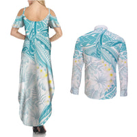 Polynesia Humpback Whale Couples Matching Summer Maxi Dress and Long Sleeve Button Shirt Tropical Plumeria Turquoise