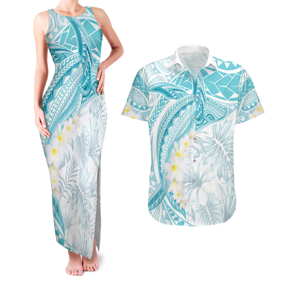Polynesia Humpback Whale Couples Matching Tank Maxi Dress and Hawaiian Shirt Tropical Plumeria Turquoise