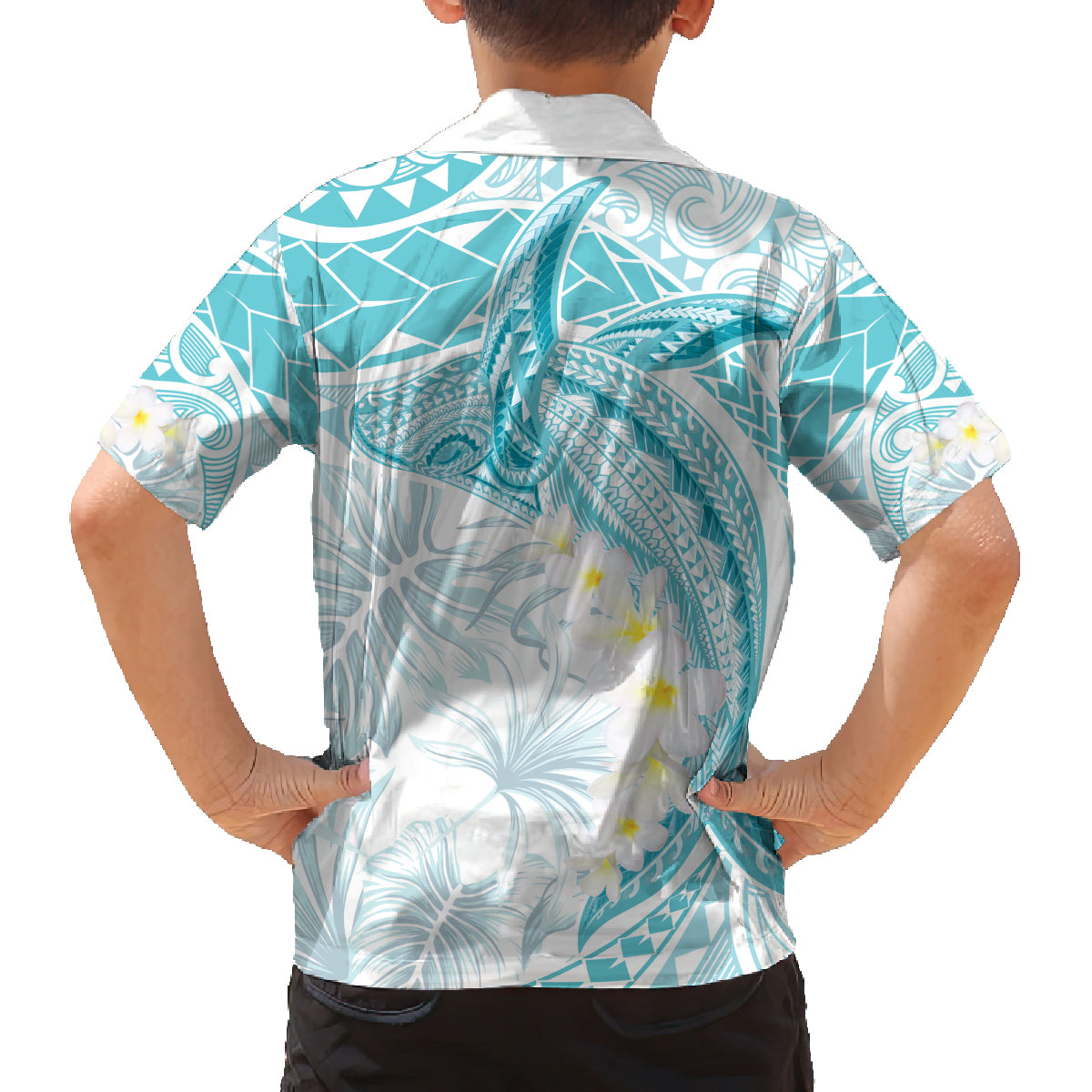 Polynesia Humpback Whale Family Matching Long Sleeve Bodycon Dress and Hawaiian Shirt Tropical Plumeria Turquoise LT7 - Polynesian Pride