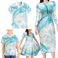 Polynesia Humpback Whale Family Matching Long Sleeve Bodycon Dress and Hawaiian Shirt Tropical Plumeria Turquoise LT7 - Polynesian Pride