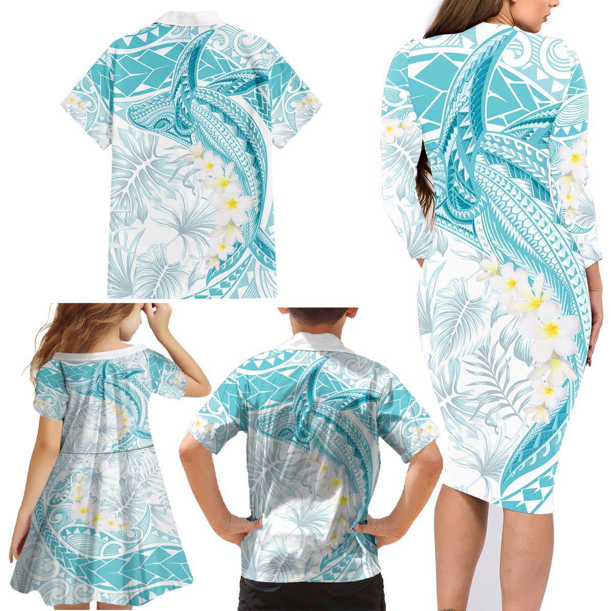 Polynesia Humpback Whale Family Matching Long Sleeve Bodycon Dress and Hawaiian Shirt Tropical Plumeria Turquoise LT7 - Polynesian Pride