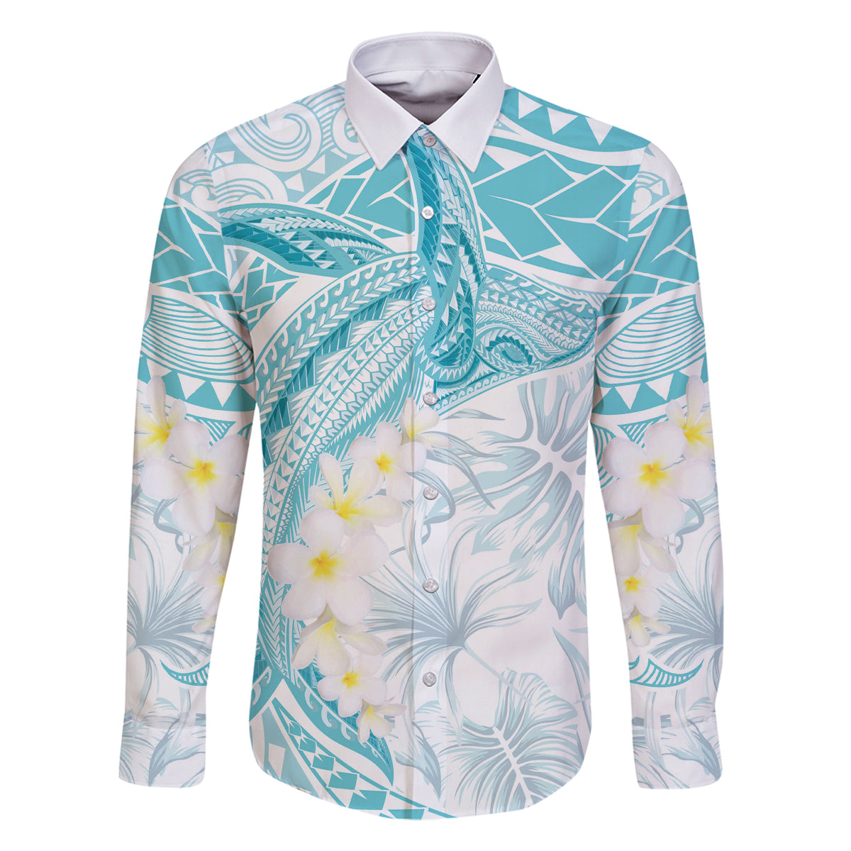 Polynesia Humpback Whale Family Matching Long Sleeve Bodycon Dress and Hawaiian Shirt Tropical Plumeria Turquoise LT7 Dad's Shirt - Long Sleeve Turquoise - Polynesian Pride