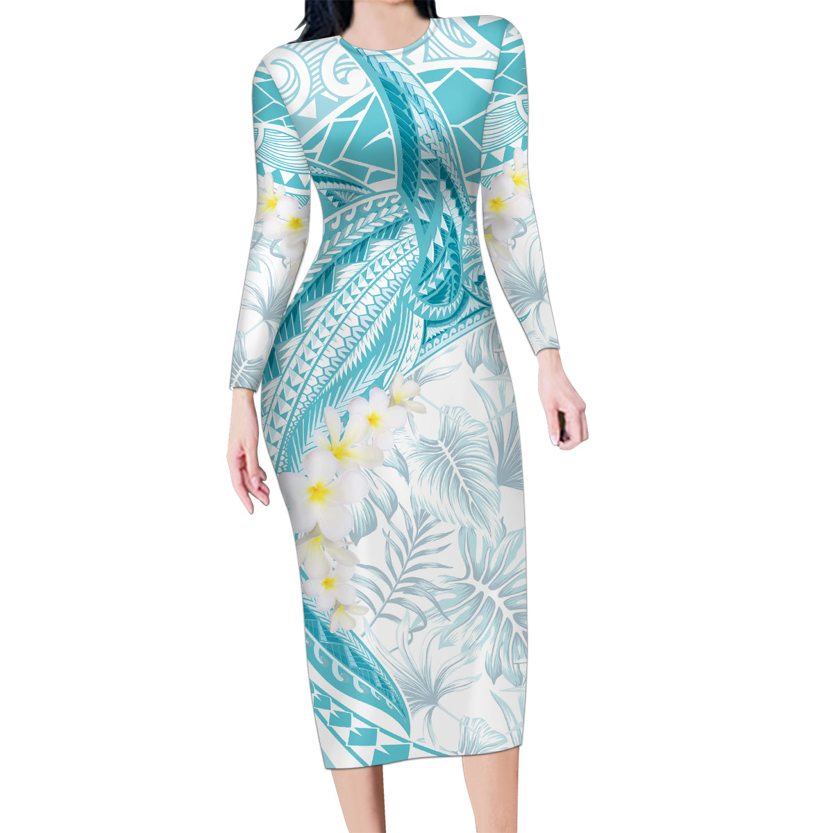Polynesia Humpback Whale Family Matching Long Sleeve Bodycon Dress and Hawaiian Shirt Tropical Plumeria Turquoise LT7 Mom's Dress Turquoise - Polynesian Pride