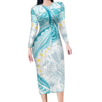 Polynesia Humpback Whale Family Matching Long Sleeve Bodycon Dress and Hawaiian Shirt Tropical Plumeria Turquoise LT7 Mom's Dress Turquoise - Polynesian Pride