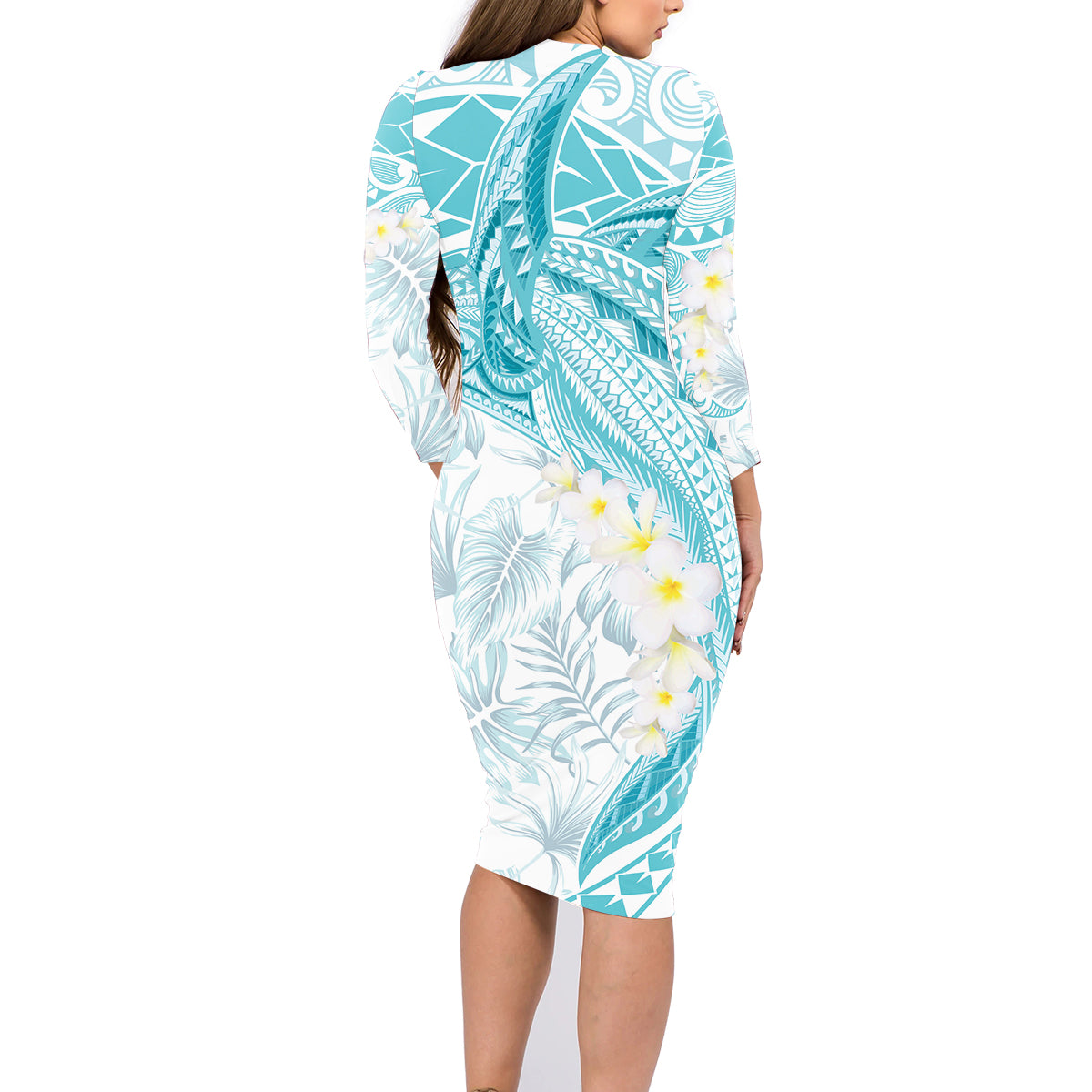 Polynesia Humpback Whale Family Matching Long Sleeve Bodycon Dress and Hawaiian Shirt Tropical Plumeria Turquoise LT7 - Polynesian Pride