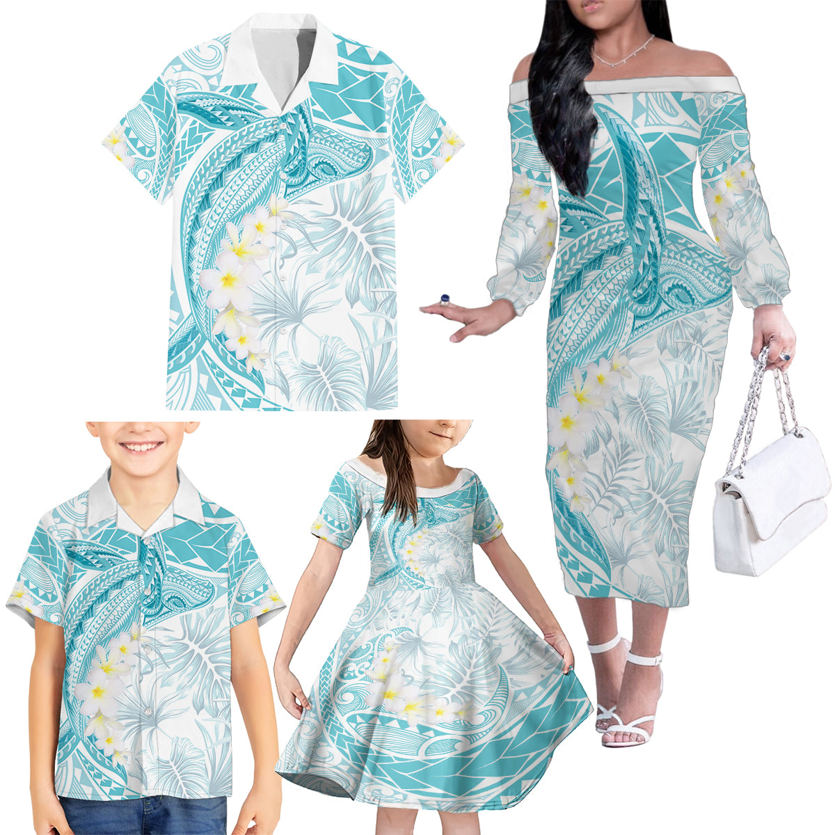 Polynesia Humpback Whale Family Matching Off The Shoulder Long Sleeve Dress and Hawaiian Shirt Tropical Plumeria Turquoise LT7 - Polynesian Pride
