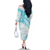 Polynesia Humpback Whale Family Matching Off The Shoulder Long Sleeve Dress and Hawaiian Shirt Tropical Plumeria Turquoise LT7 - Polynesian Pride