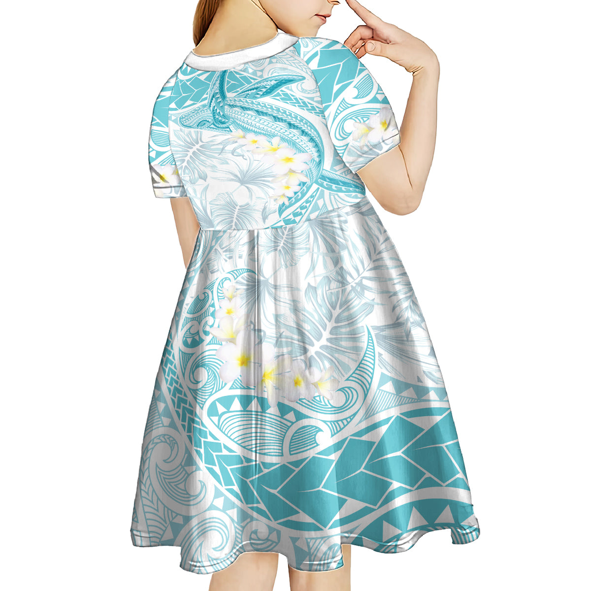 Polynesia Humpback Whale Kid Short Sleeve Dress Tropical Plumeria Turquoise