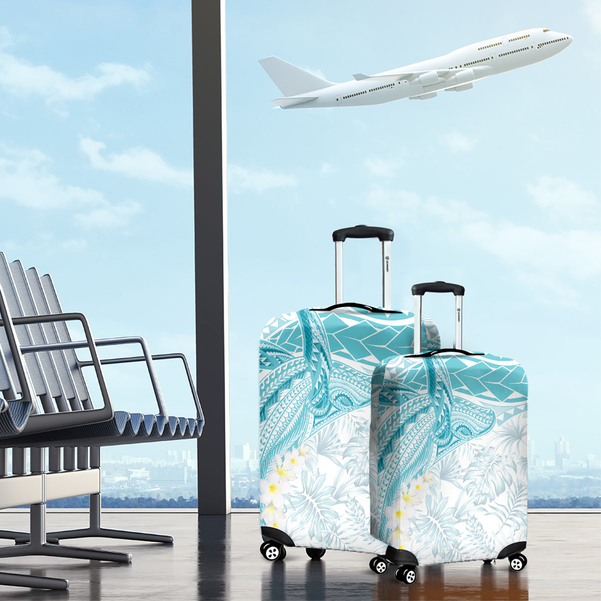 Polynesia Humpback Whale Luggage Cover Tropical Plumeria Turquoise