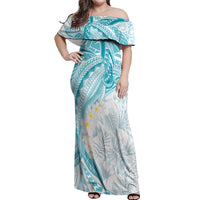 Polynesia Humpback Whale Off Shoulder Maxi Dress Tropical Plumeria Turquoise