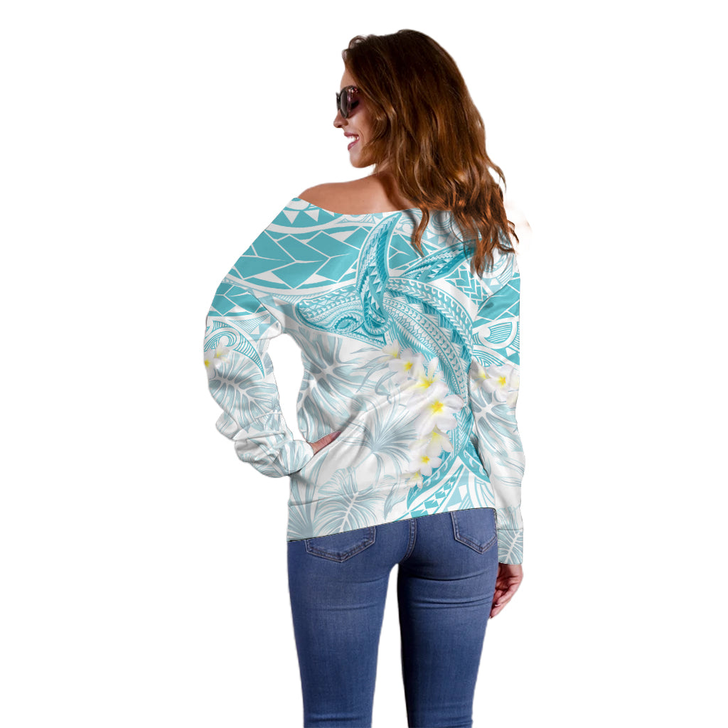 Polynesia Humpback Whale Off Shoulder Sweater Tropical Plumeria Turquoise