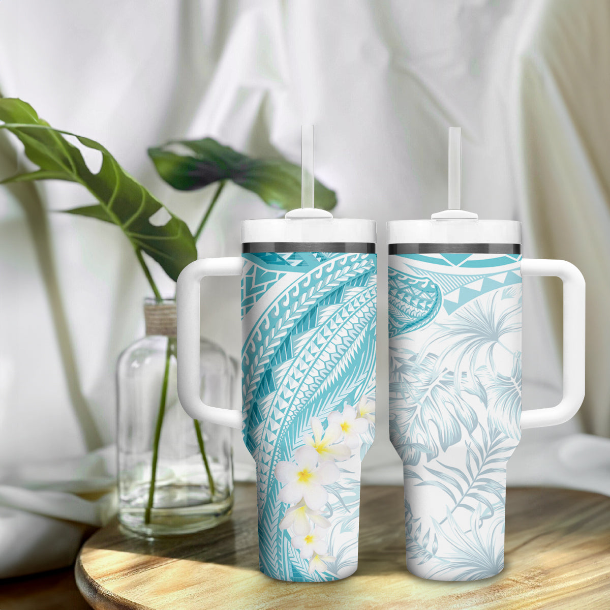 Polynesia Humpback Whale Tumbler With Handle Tropical Plumeria Turquoise LT7 - Polynesian Pride