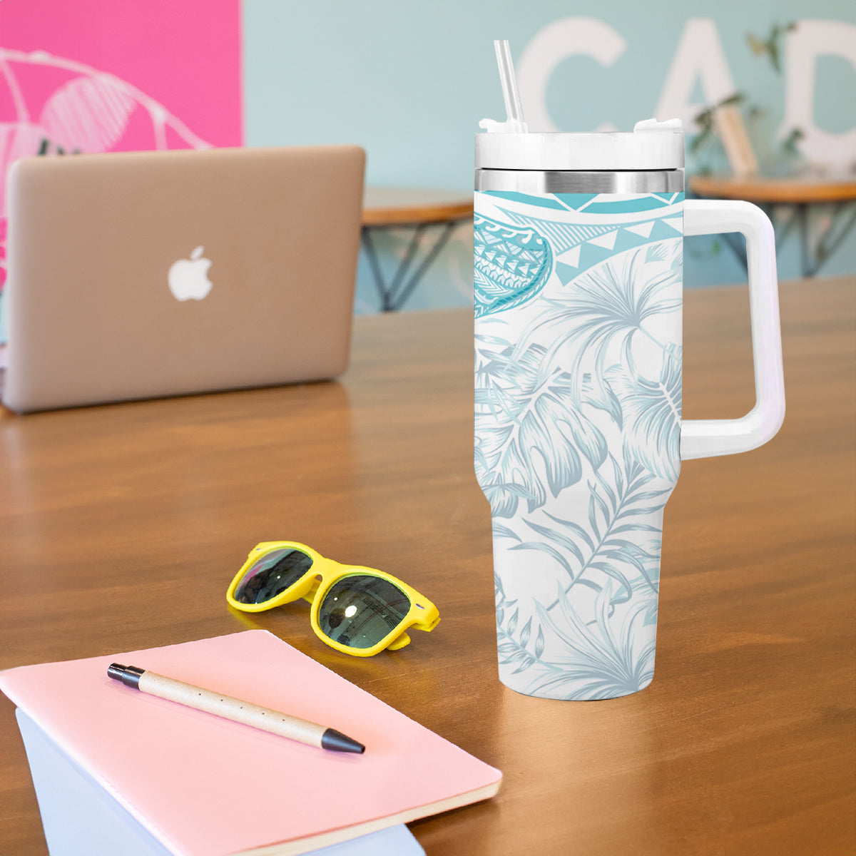 Polynesia Humpback Whale Tumbler With Handle Tropical Plumeria Turquoise LT7 - Polynesian Pride