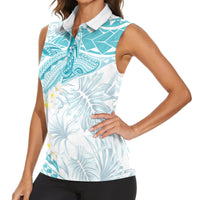 Polynesia Humpback Whale Women Sleeveless Polo Shirt Tropical Plumeria Turquoise