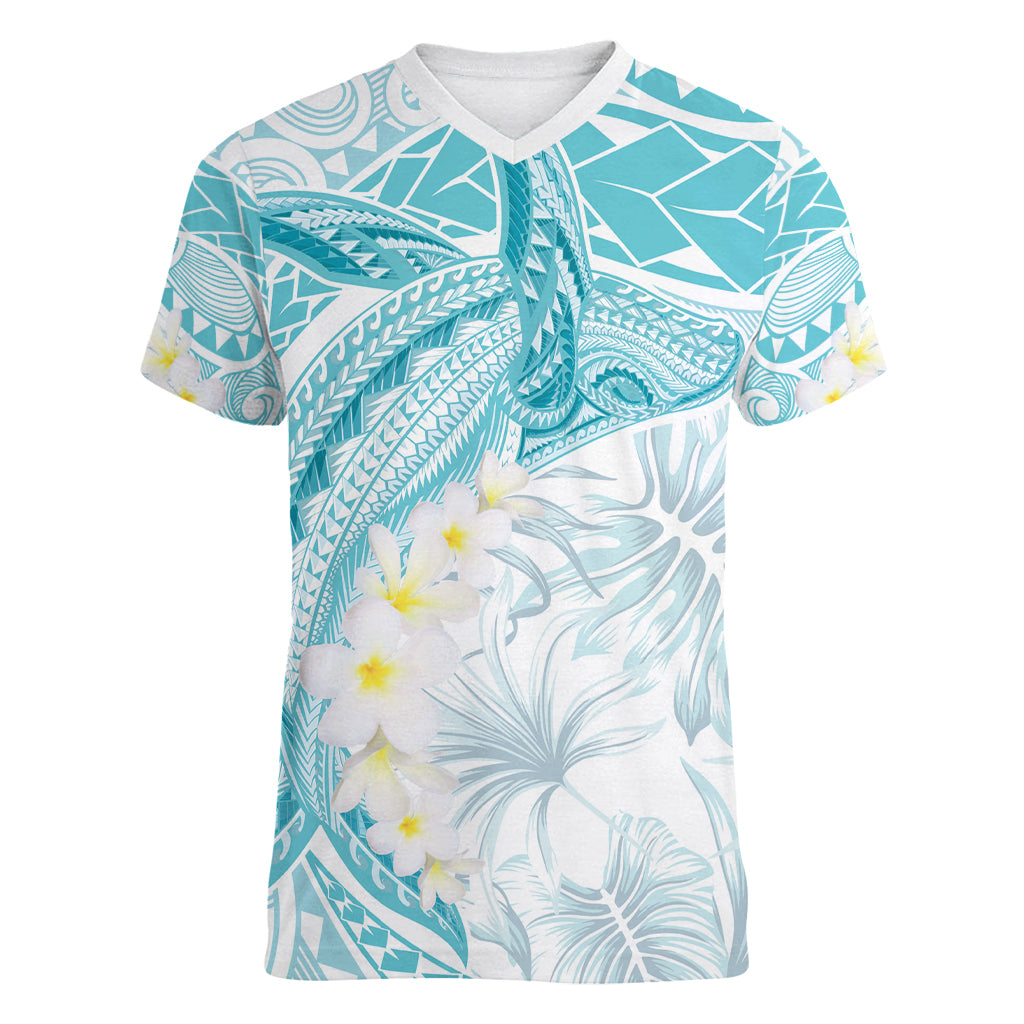 Polynesia Humpback Whale Women V-Neck T-Shirt Tropical Plumeria Turquoise