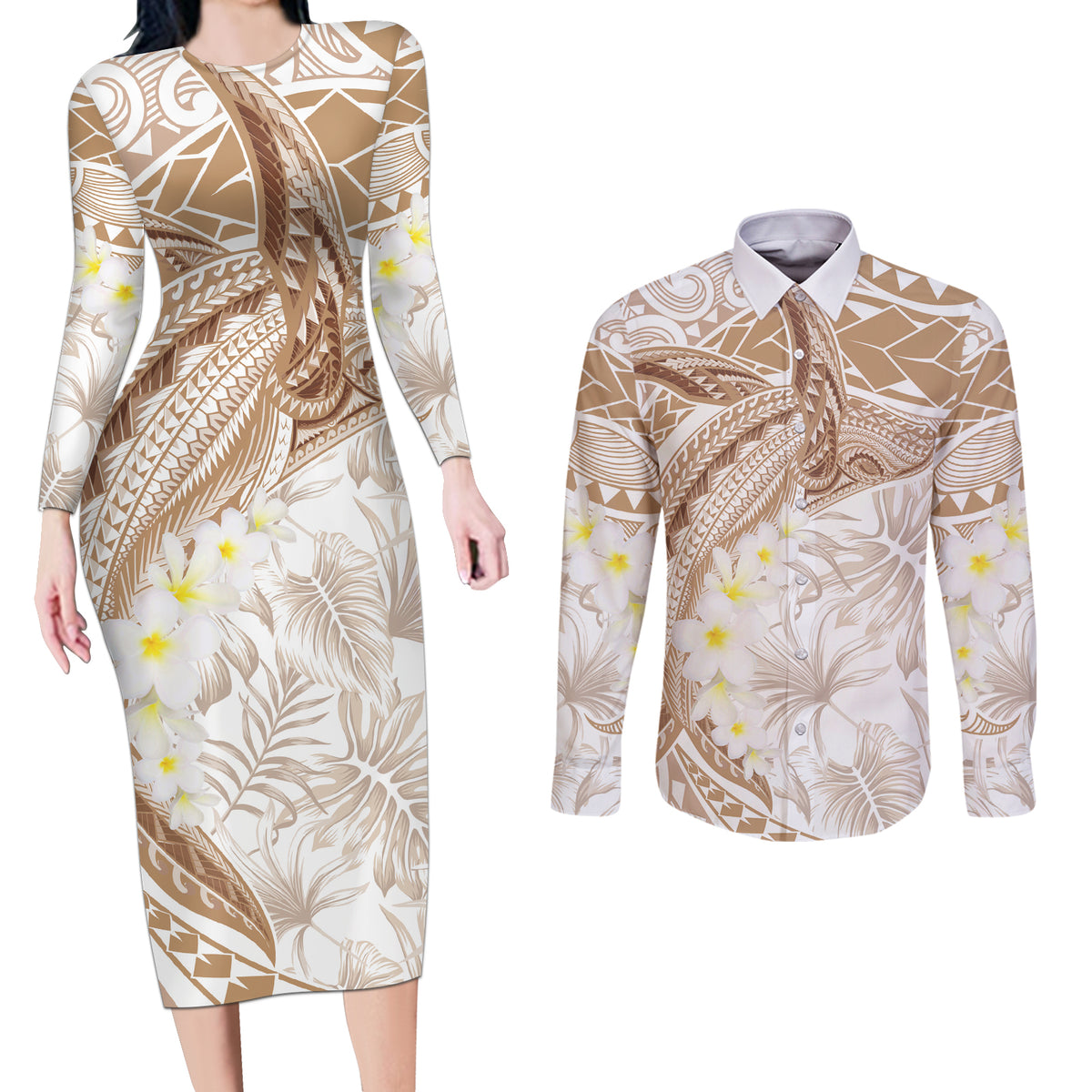 Polynesia Humpback Whale Couples Matching Long Sleeve Bodycon Dress and Long Sleeve Button Shirt Tropical Plumeria Beige
