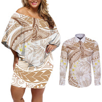 Polynesia Humpback Whale Couples Matching Off Shoulder Short Dress and Long Sleeve Button Shirt Tropical Plumeria Beige