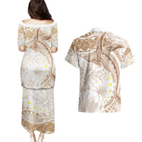 Polynesia Humpback Whale Couples Matching Puletasi and Hawaiian Shirt Tropical Plumeria Beige