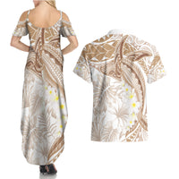 Polynesia Humpback Whale Couples Matching Summer Maxi Dress and Hawaiian Shirt Tropical Plumeria Beige