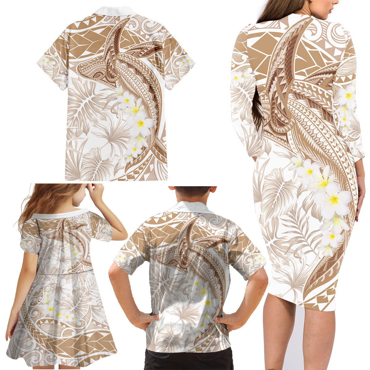 Polynesia Humpback Whale Family Matching Long Sleeve Bodycon Dress and Hawaiian Shirt Tropical Plumeria Beige LT7 - Polynesian Pride