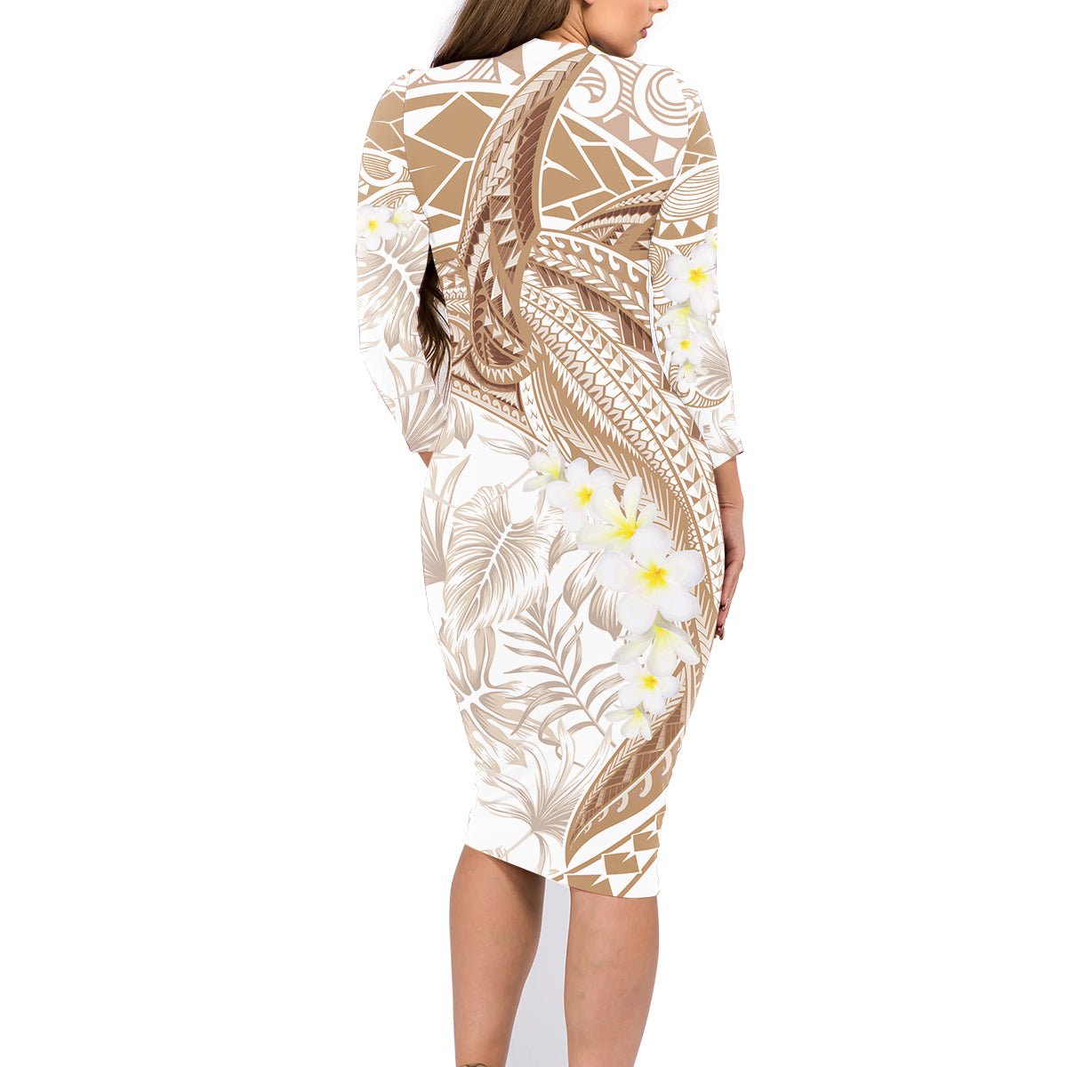 Polynesia Humpback Whale Family Matching Long Sleeve Bodycon Dress and Hawaiian Shirt Tropical Plumeria Beige LT7 - Polynesian Pride