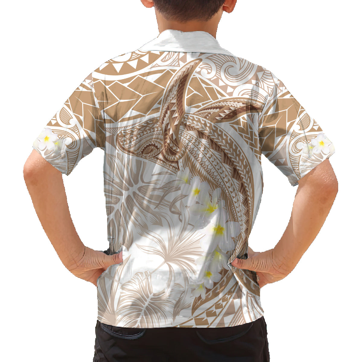 Polynesia Humpback Whale Family Matching Off The Shoulder Long Sleeve Dress and Hawaiian Shirt Tropical Plumeria Beige LT7 - Polynesian Pride