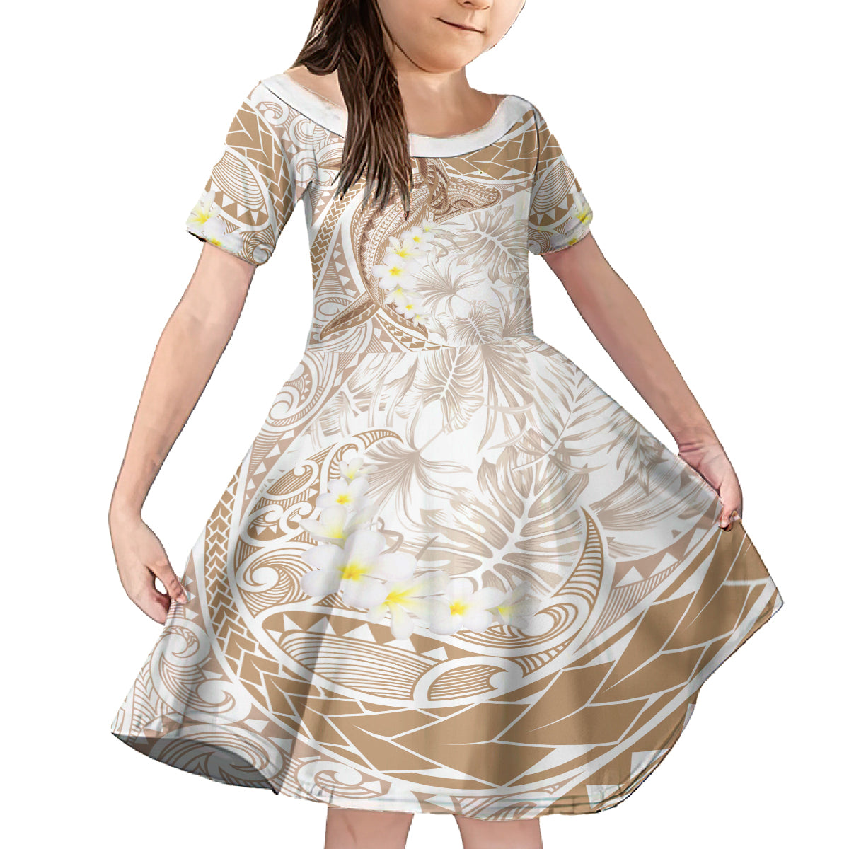Polynesia Humpback Whale Family Matching Off The Shoulder Long Sleeve Dress and Hawaiian Shirt Tropical Plumeria Beige LT7 Daughter's Dress Beige - Polynesian Pride