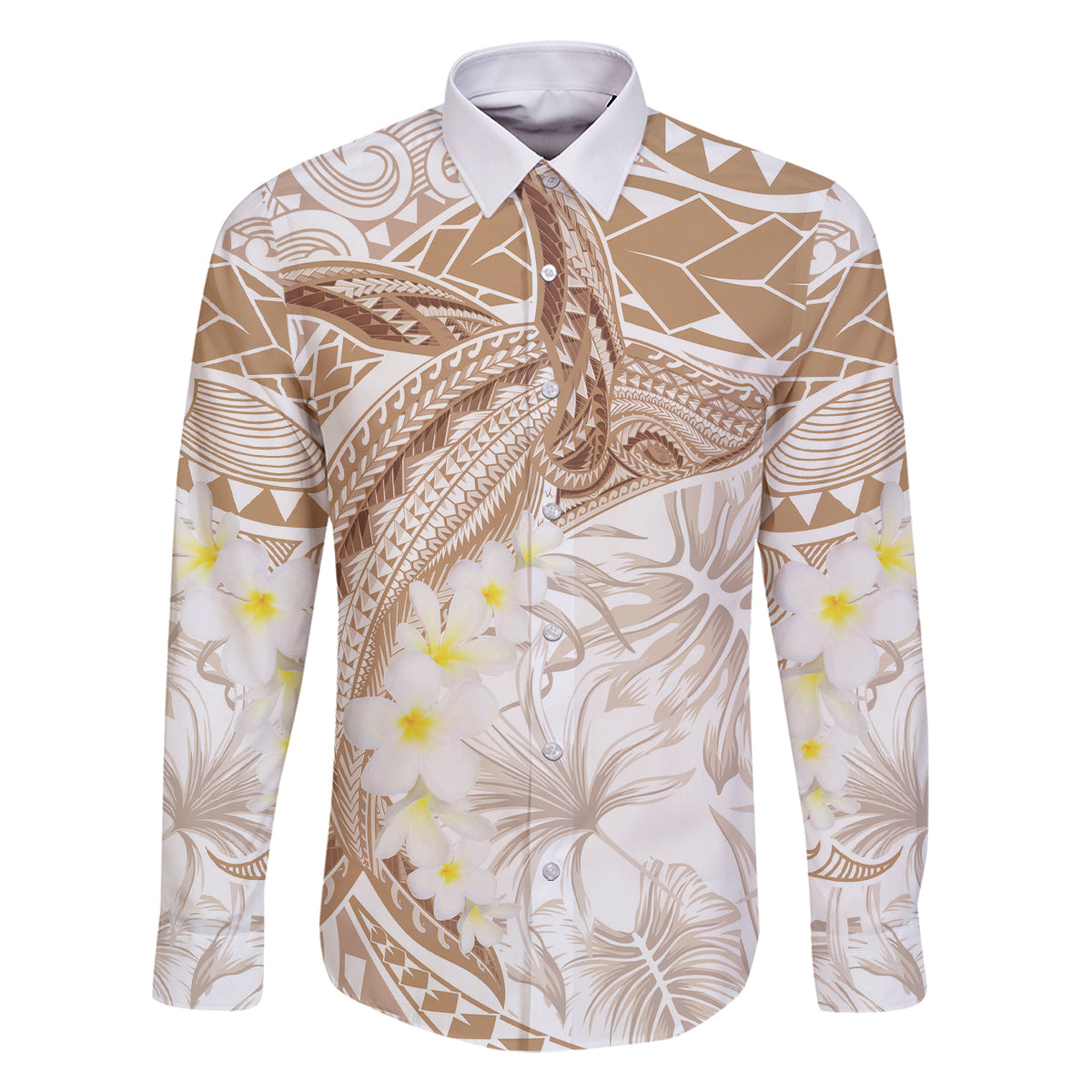 Polynesia Humpback Whale Family Matching Off The Shoulder Long Sleeve Dress and Hawaiian Shirt Tropical Plumeria Beige LT7 Dad's Shirt - Long Sleeve Beige - Polynesian Pride