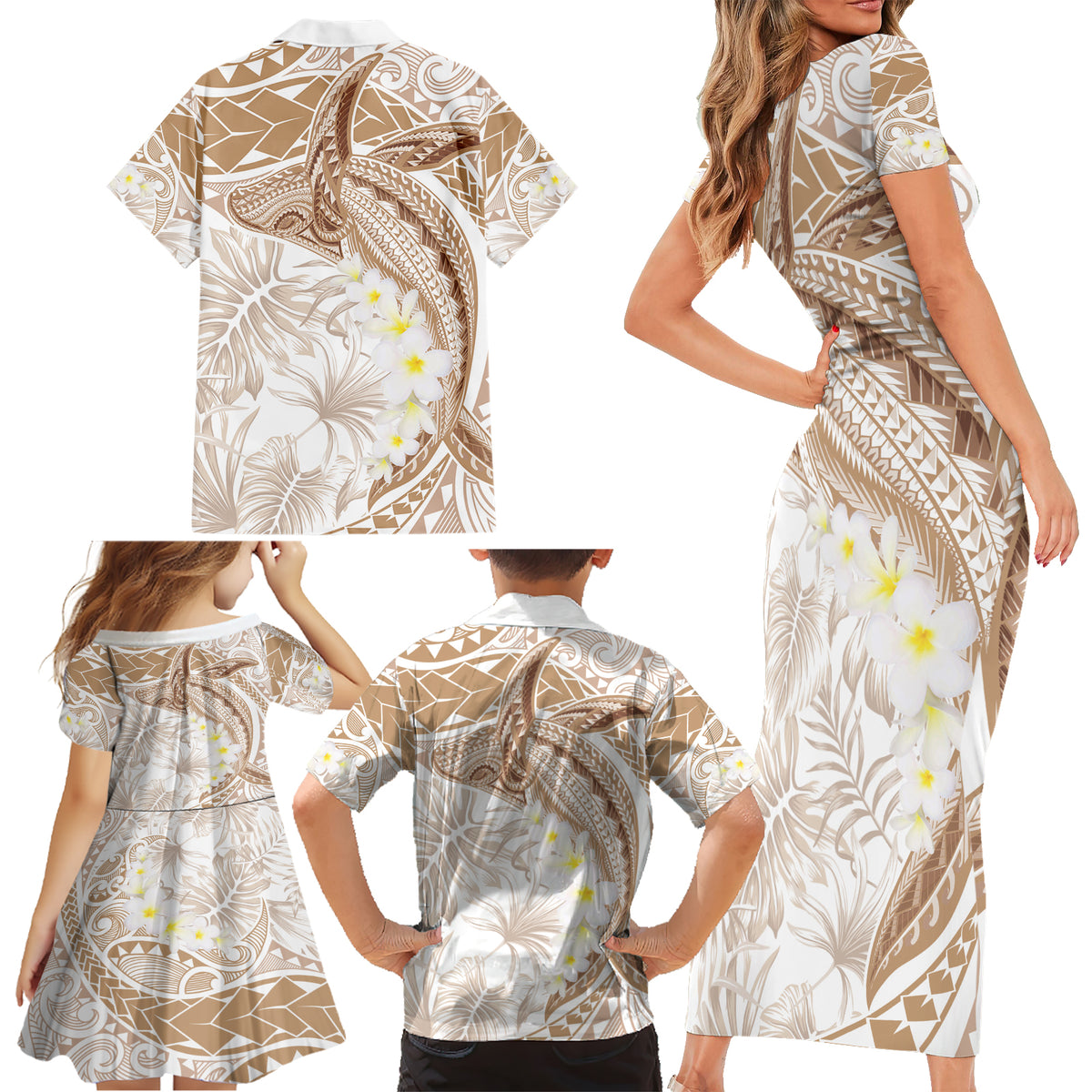 Polynesia Humpback Whale Family Matching Short Sleeve Bodycon Dress and Hawaiian Shirt Tropical Plumeria Beige