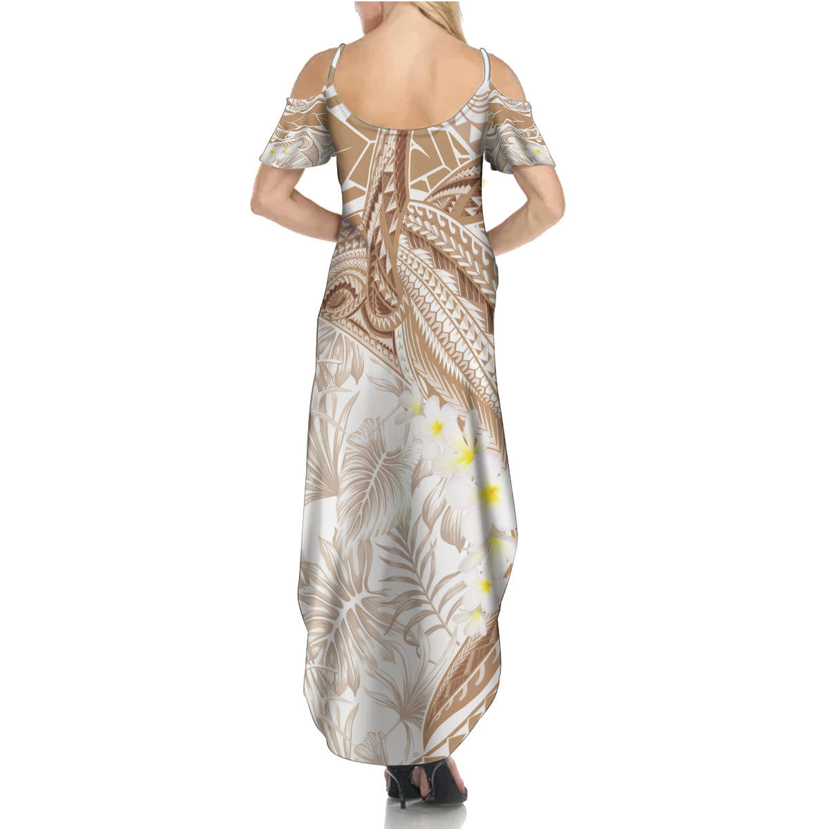 Polynesia Humpback Whale Family Matching Summer Maxi Dress and Hawaiian Shirt Tropical Plumeria Beige