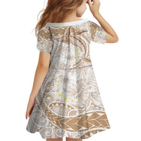 Polynesia Humpback Whale Kid Short Sleeve Dress Tropical Plumeria Beige
