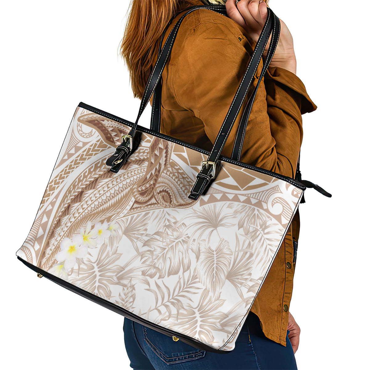 Polynesia Humpback Whale Leather Tote Bag Tropical Plumeria Beige
