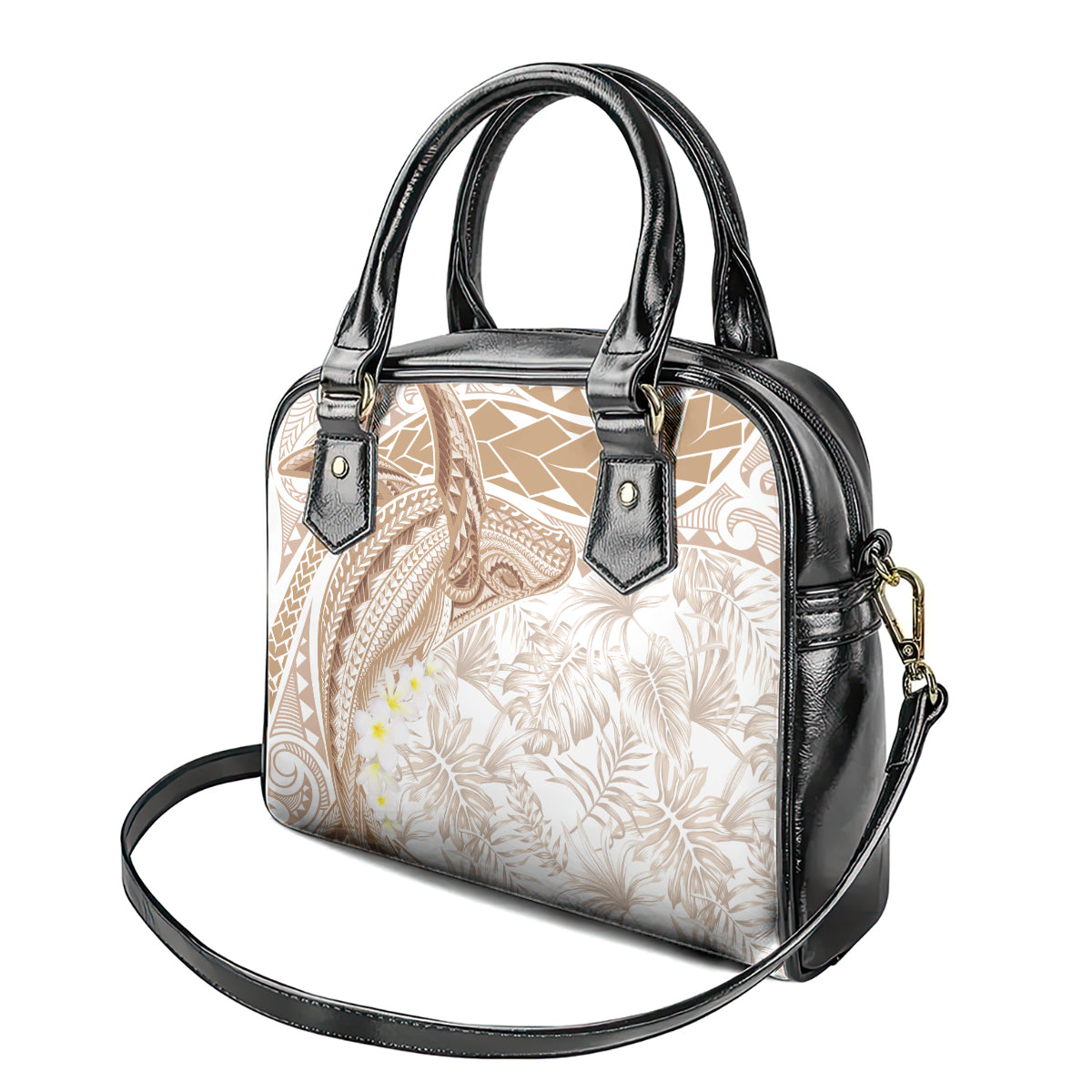 Polynesia Humpback Whale Shoulder Handbag Tropical Plumeria Beige